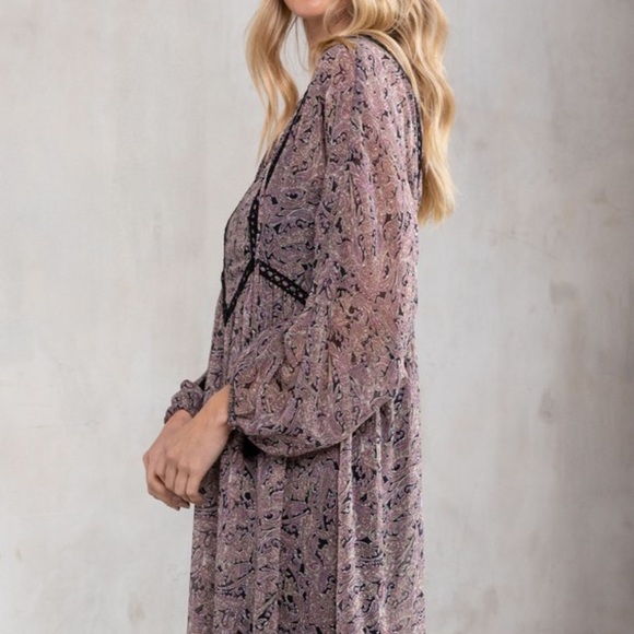 NWT Purple & Black Boho Paisley Print Long Sleeve Dress With Tassels - Picture 6 of 8